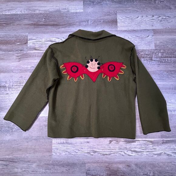 Sew Be It Olive Wool Folk Art Jacket with Appliqué Faces & Button Detail